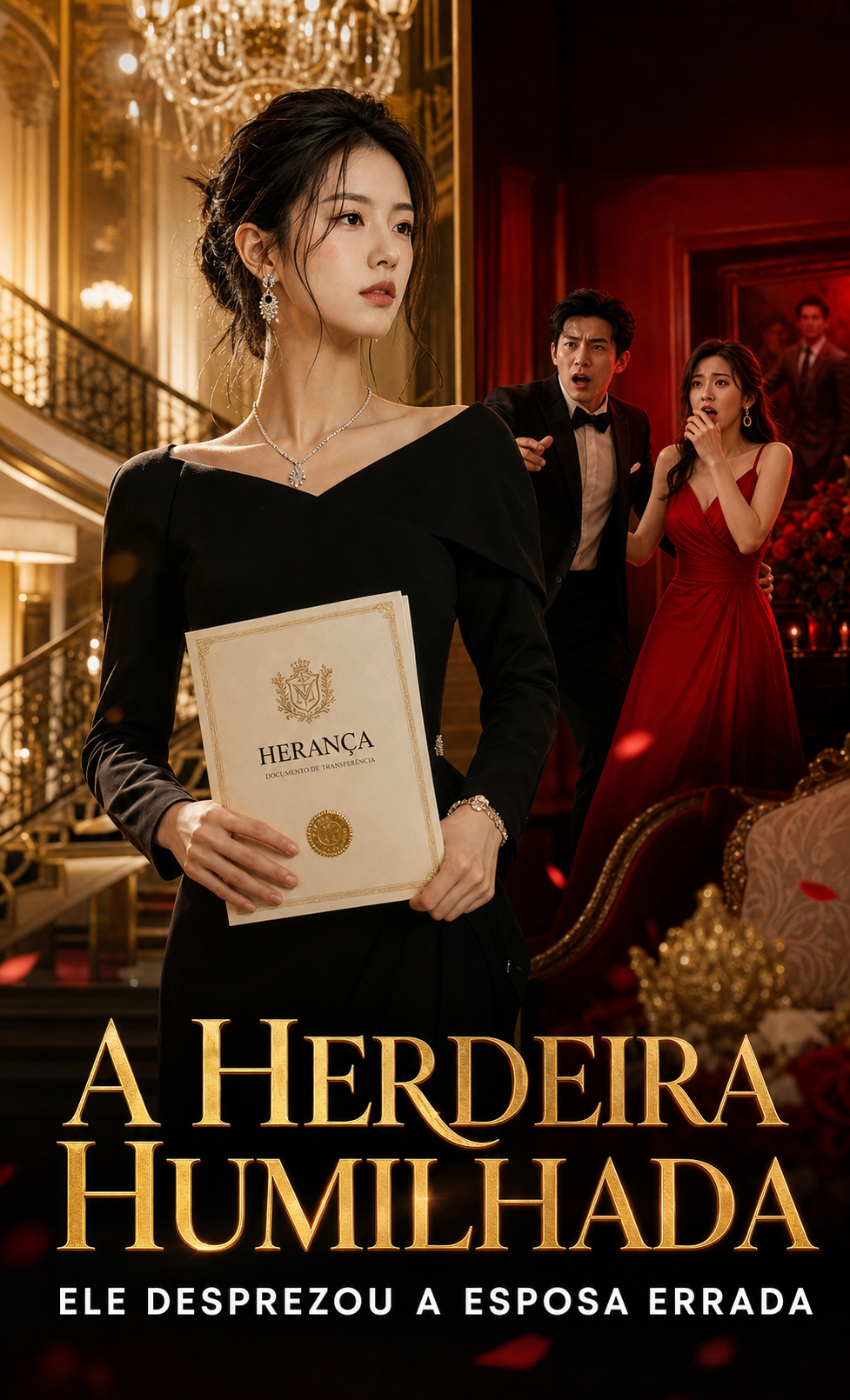 Capa de A Herdeira Humilhada, com uma mulher segurando um documento de herança